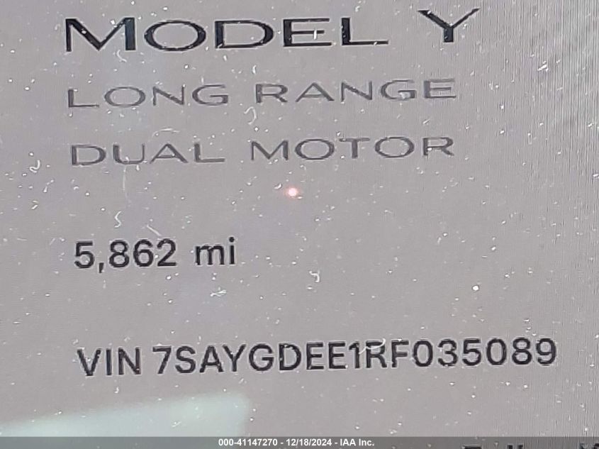 2024 Tesla Model Y Long Range Dual Motor All-Wheel Drive VIN: 7SAYGDEE1RF035089 Lot: 41147270