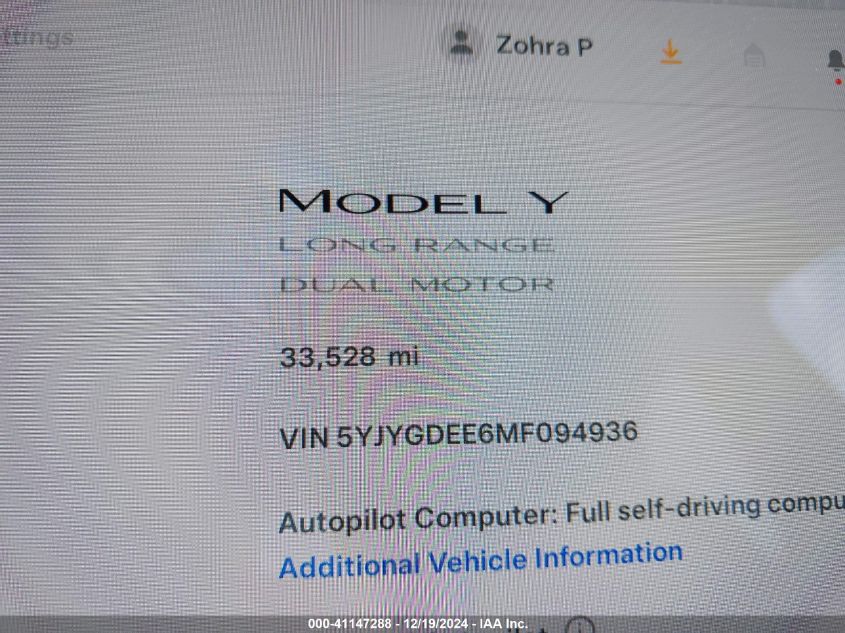 2021 Tesla Model Y Long Range Dual Motor All-Wheel Drive VIN: 5YJYGDEE6MF094936 Lot: 41147288