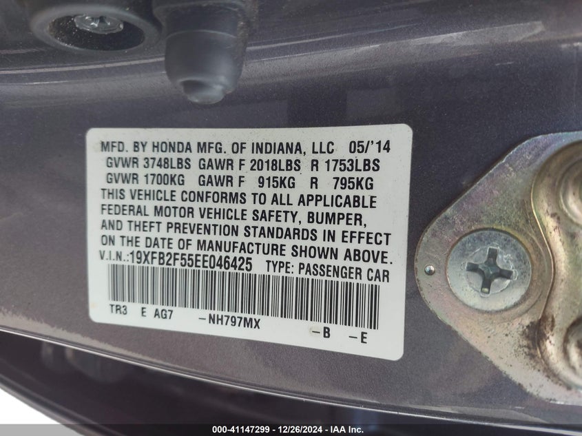 2014 HONDA CIVIC VIN: 19XFB2F55EE046425