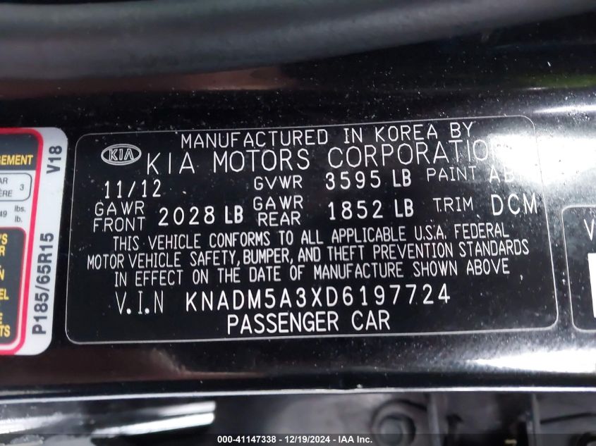 2013 Kia Rio Lx VIN: KNADM5A3XD6197724 Lot: 41147338