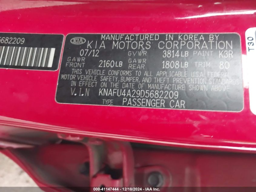 2013 Kia Forte Ex VIN: KNAFU4A29D5682209 Lot: 41147444