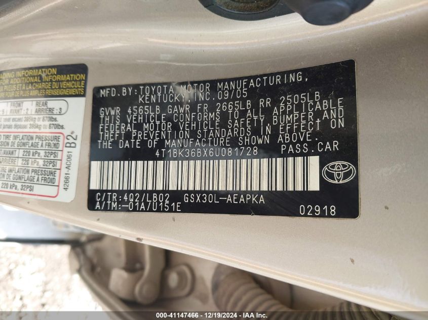 2006 Toyota Avalon Limited VIN: 4T1BK36BX6U081728 Lot: 41147466