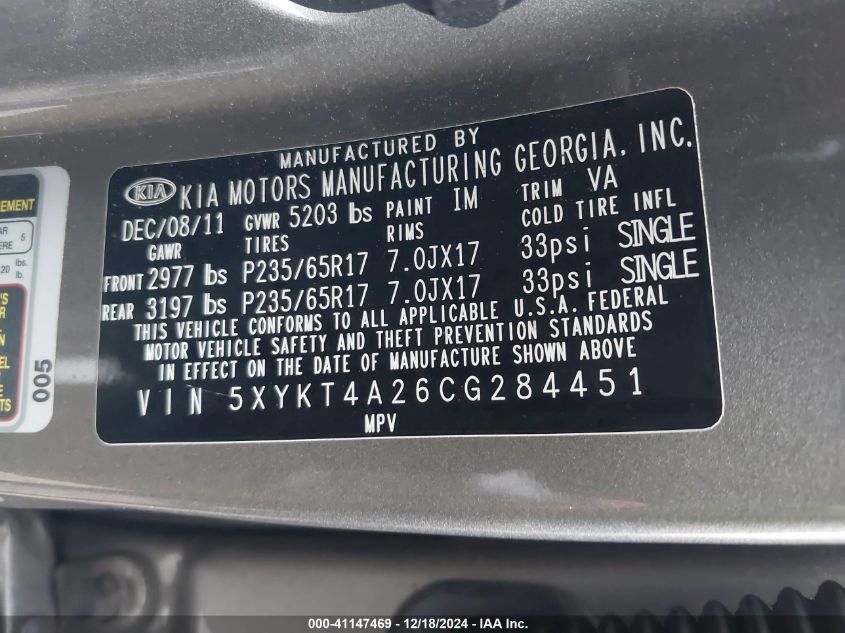 2012 Kia Sorento Lx V6 VIN: 5XYKT4A26CG284451 Lot: 41147469