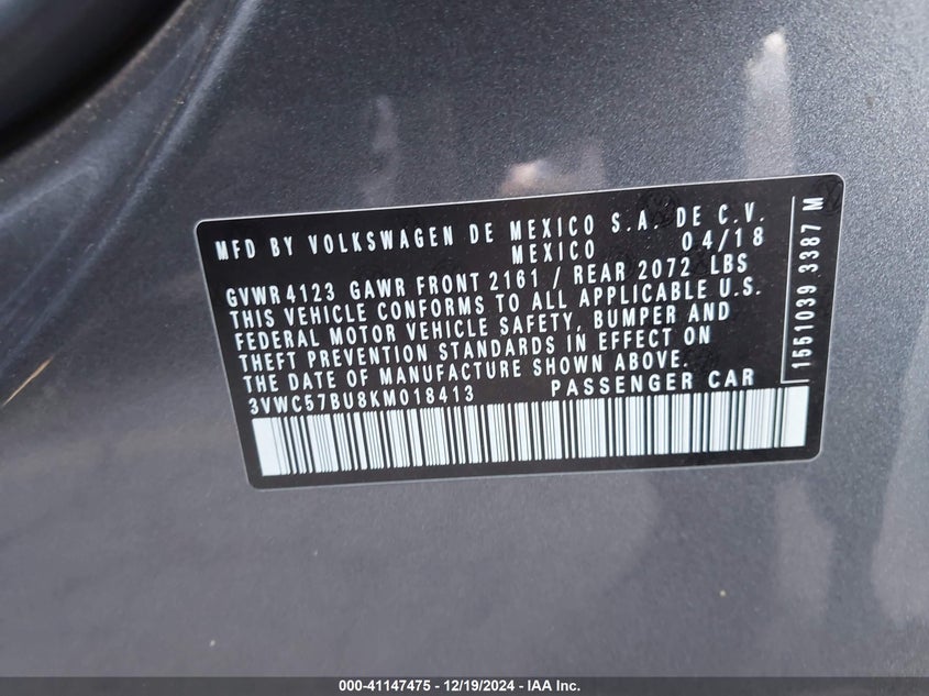 2019 VOLKSWAGEN JETTA VIN: 3VWC57BU8KM018413