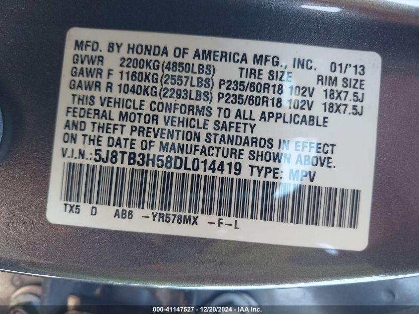 VIN 5J8TB3H58DL014419 2013 Acura RDX no.9