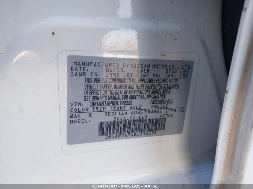 VIN 3N1AB7AP6DL742238 2013 Nissan Sentra, S no.9