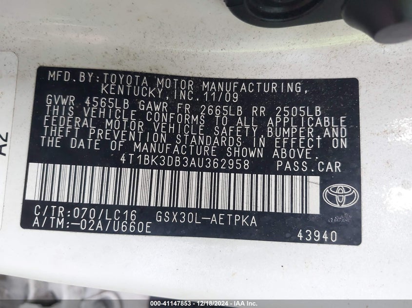 2010 TOYOTA AVALON VIN: 4T1BK3DB3AU362958