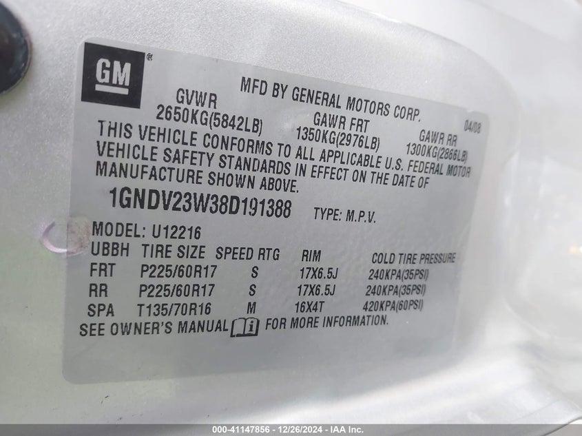 2008 CHEVROLET UPLANDER VIN: 1GNDV23W38D191388