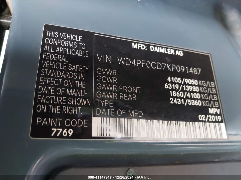 VIN WD4PF0CD7KP091487 2019 Mercedes-Benz Sprinter 2... no.9