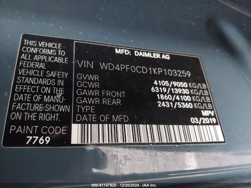 VIN WD4PF0CD1KP103259 2019 Mercedes-Benz Sprinter 2... no.9