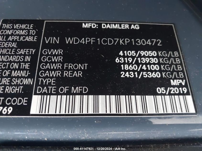 VIN WD4PF1CD7KP130472 2019 Mercedes-Benz Sprinter 2... no.9