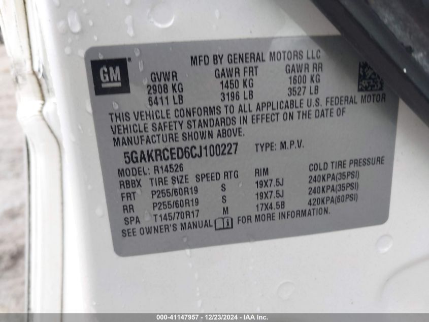 2012 Buick Enclave Leather VIN: 5GAKRCED6CJ100227 Lot: 41147957