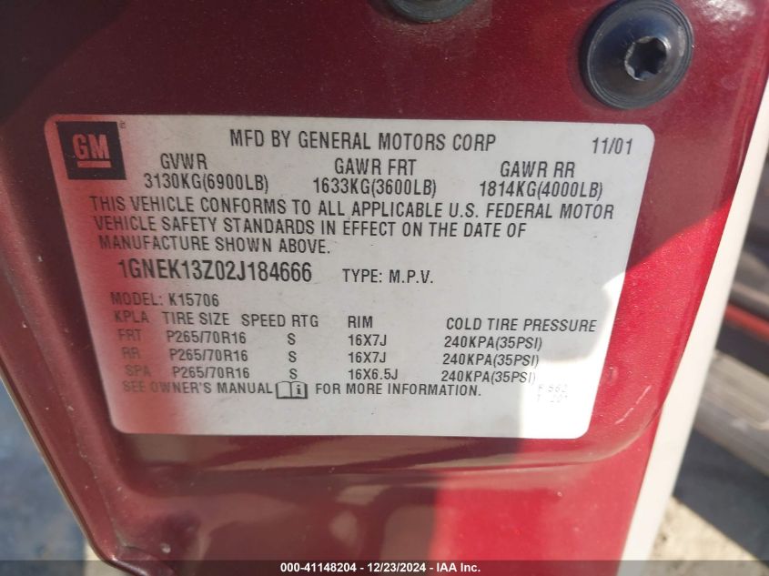 2002 Chevrolet Tahoe Lt VIN: 1GNEK13Z02J184666 Lot: 41148204