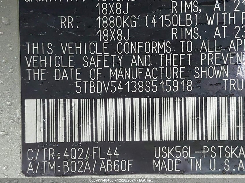2008 TOYOTA TUNDRA VIN: 5TBDV54138S515918