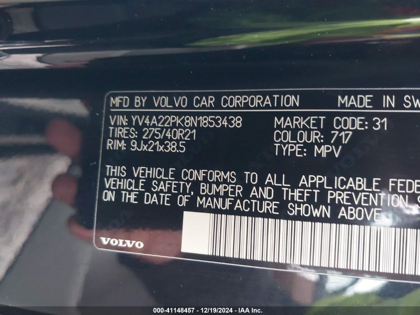 VIN YV4A22PK8N1853438 2022 Volvo XC90, T6 Momentum... no.9