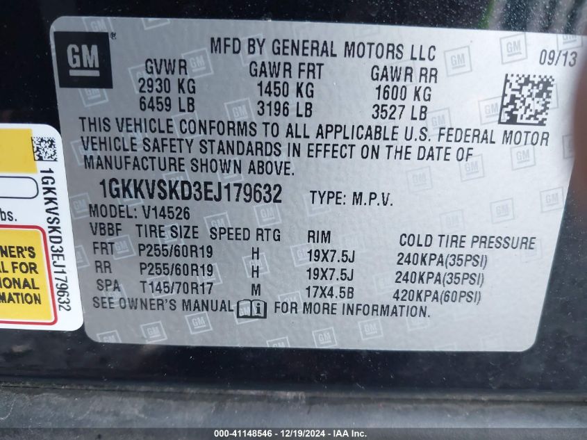 2014 GMC Acadia Slt-2 VIN: 1GKKVSKD3EJ179632 Lot: 41148546