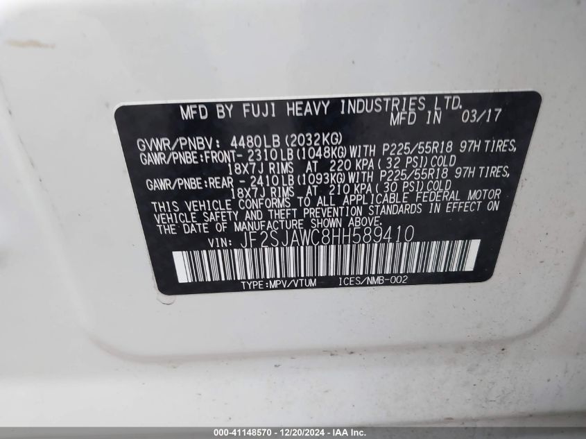 VIN JF2SJAWC8HH589410 2017 SUBARU FORESTER no.9