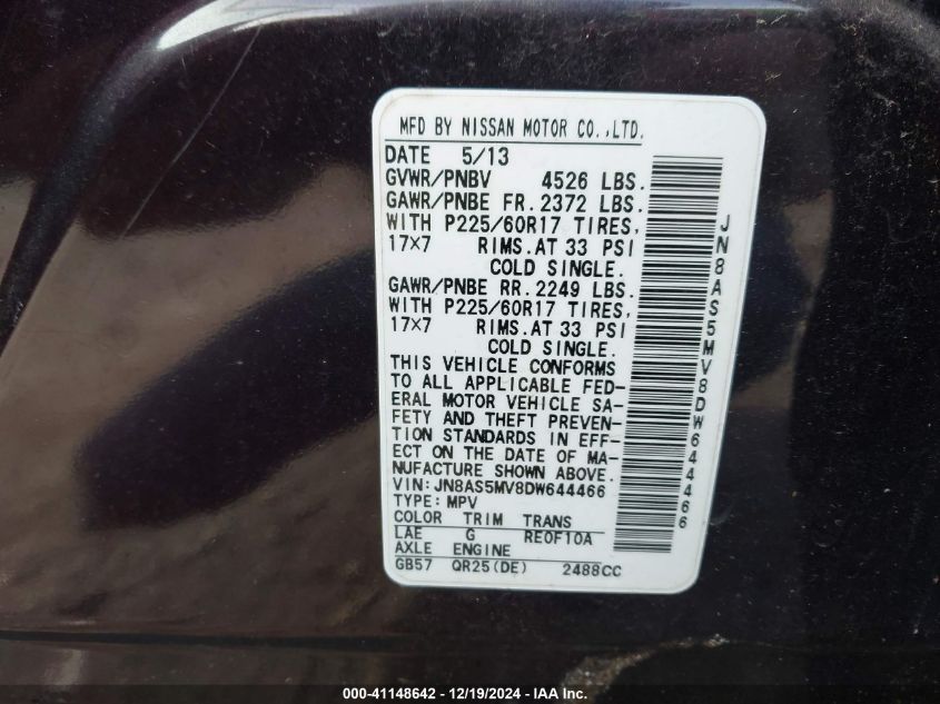 VIN JN8AS5MV8DW644466 2013 NISSAN ROGUE no.9