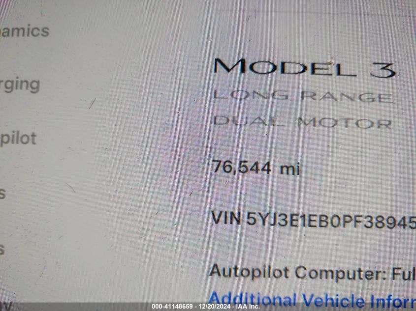 2023 Tesla Model 3 Long Range Dual Motor All-Wheel Drive VIN: 5YJ3E1EB0PF389457 Lot: 41148659