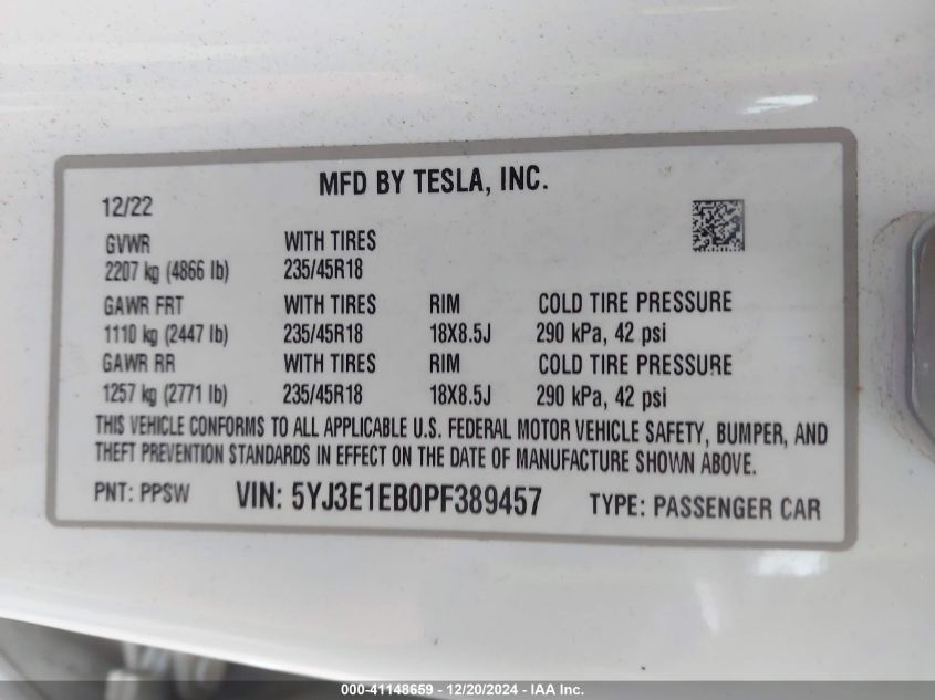 2023 Tesla Model 3 Long Range Dual Motor All-Wheel Drive VIN: 5YJ3E1EB0PF389457 Lot: 41148659