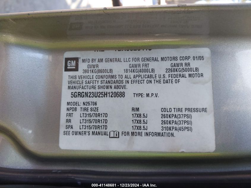 2005 Hummer H2 VIN: 5GRZN23U25H120688 Lot: 41148681