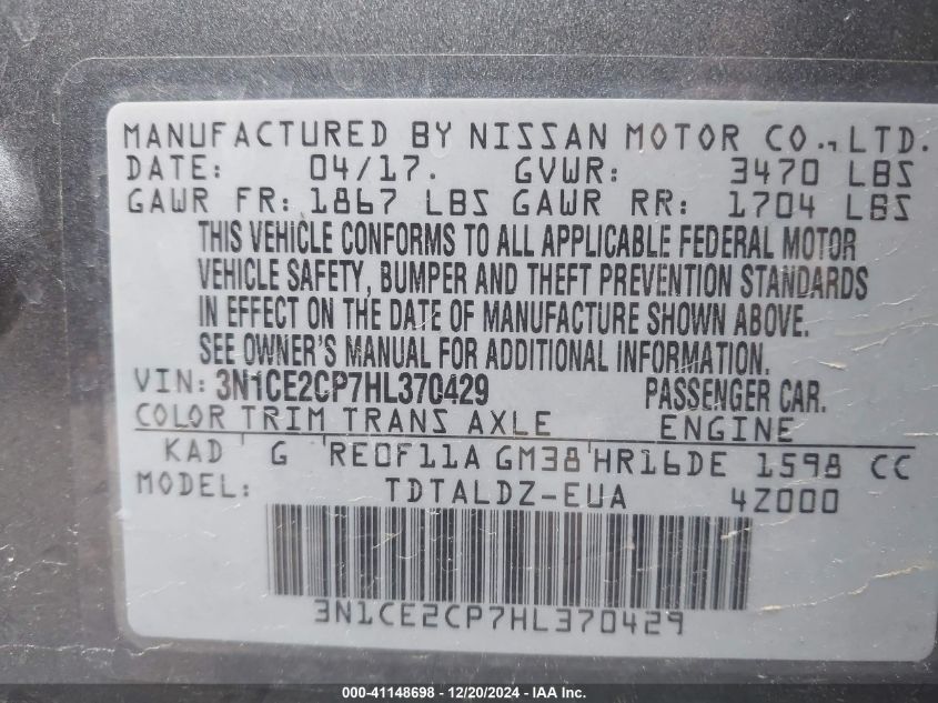 VIN 3N1CE2CP7HL370429 2017 Nissan Versa, Note SV no.9