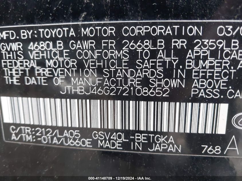 2007 Lexus Es 350 VIN: JTHBJ46G272108652 Lot: 41148709