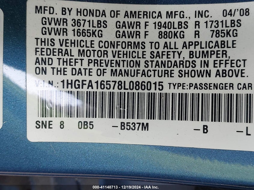 2008 HONDA CIVIC VIN: 1HGFA16578L086015