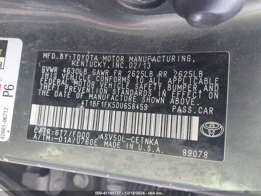 2013 TOYOTA CAMRY LE - 4T1BF1FK5DU658459