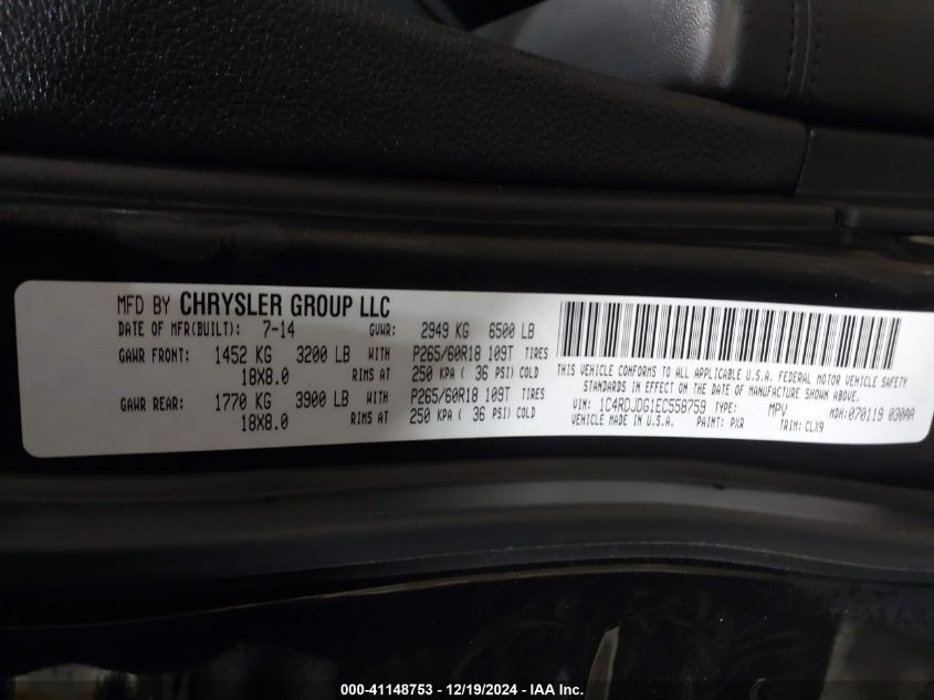 VIN 1C4RDJDG1EC558759 2014 Dodge Durango, Limited no.9