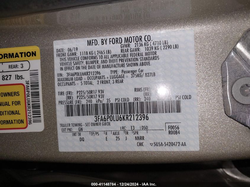 VIN 3FA6P0LU6KR212396 2019 FORD FUSION HYBRID no.9