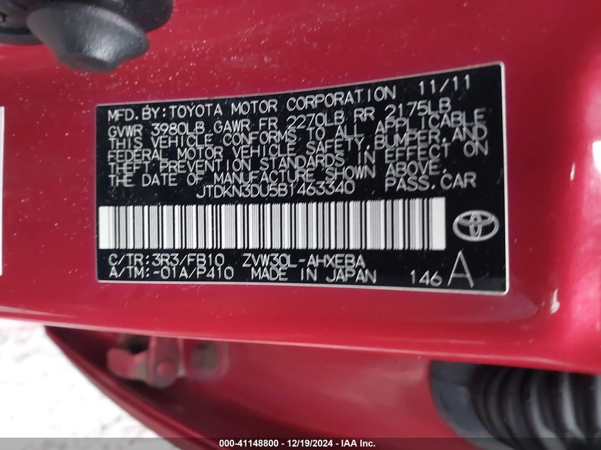 2011 TOYOTA PRIUS VIN: JTDKN3DU5B1463340