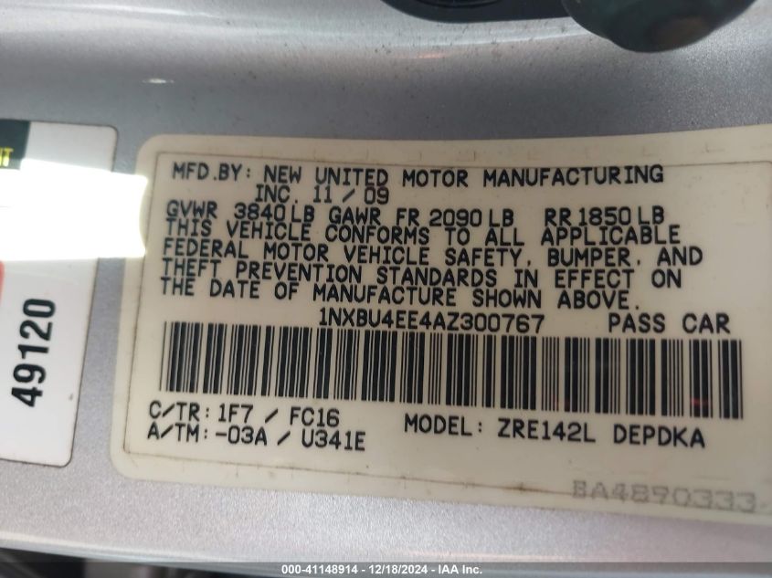 2024 Toyota Corolla Le VIN: 5YFB4MDE1RP214413 Lot: 41148914