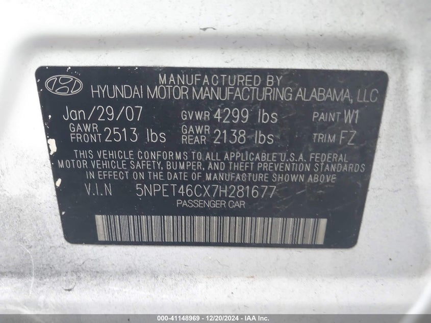 2007 HYUNDAI SONATA VIN: 5NPET46CX7H281677
