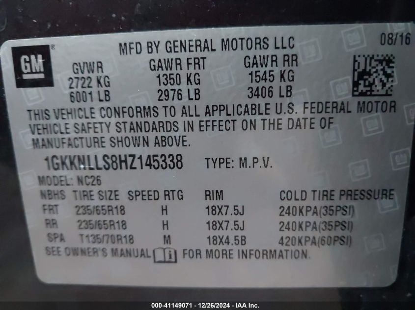 VIN 1GKKNLLS8HZ145338 2017 GMC Acadia, Sle-2 no.9