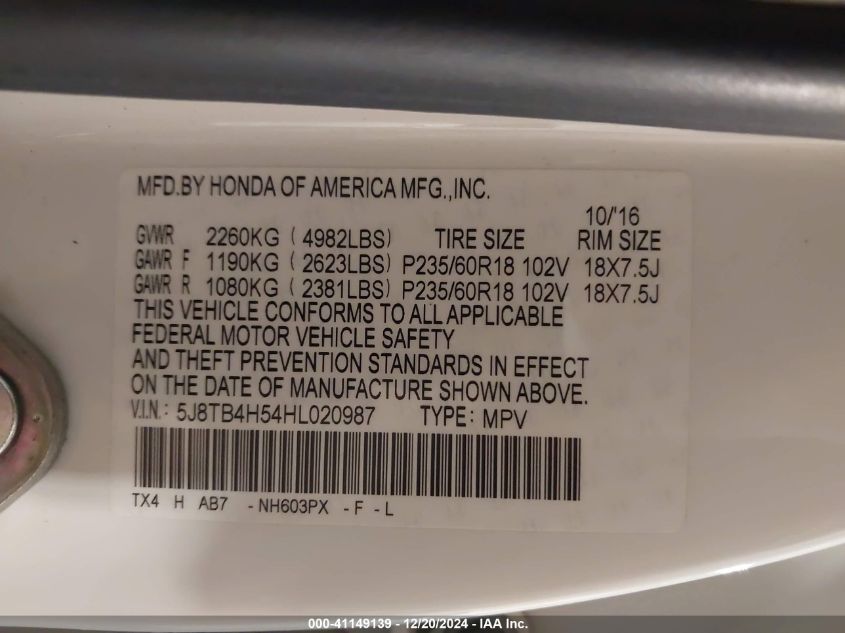 VIN 5J8TB4H54HL020987 2017 Acura RDX, Technology... no.9