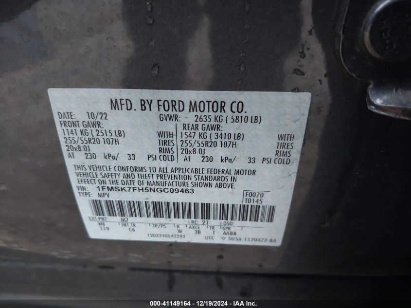 2022 Ford Explorer Limited VIN: 1FMSK7FH5NGC09463 Lot: 41149164