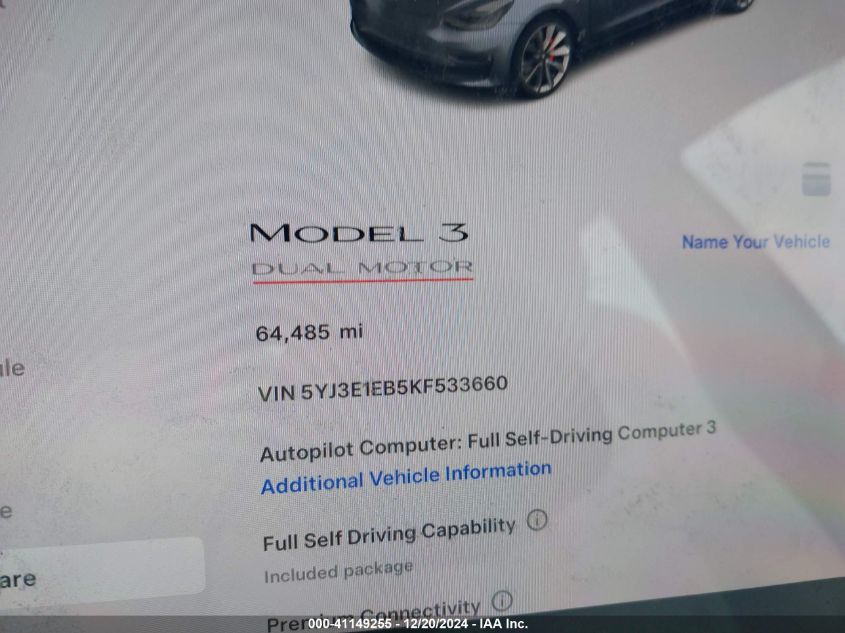 2019 Tesla Model 3 Long Range/Performance VIN: 5YJ3E1EB5KF533660 Lot: 41149255