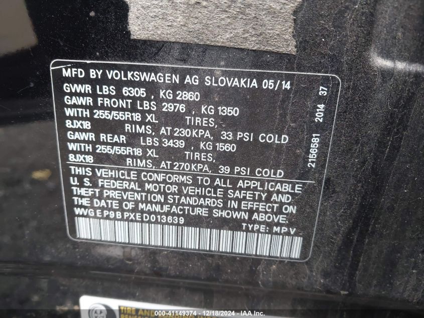 VIN WVGEP9BPXED013639 2014 Volkswagen Touareg, Tdi... no.9