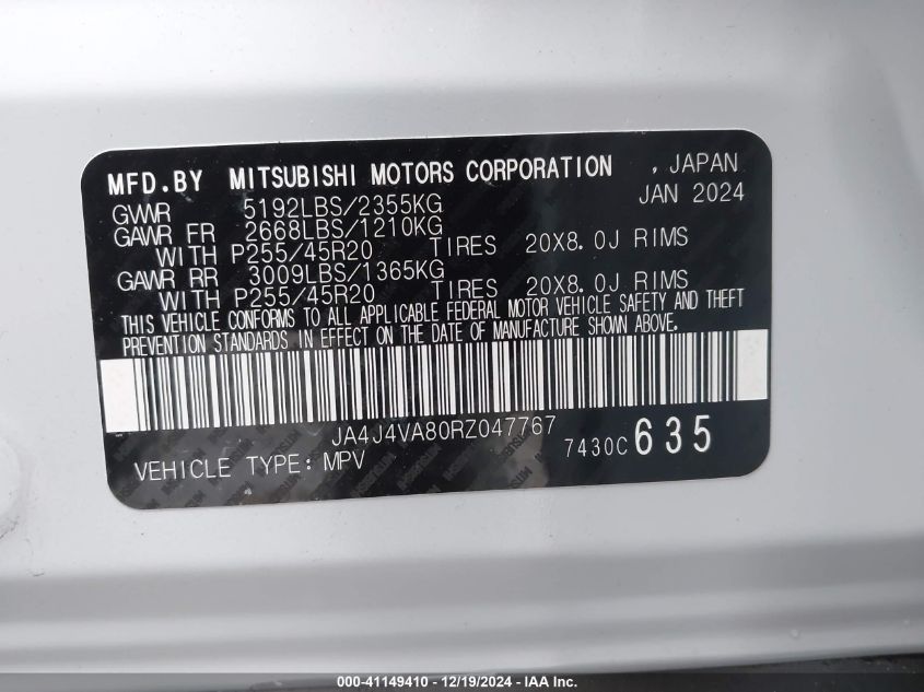 2024 Mitsubishi Outlander Se 2.5 S-Awc VIN: JA4J4VA80RZ047767 Lot: 41149410