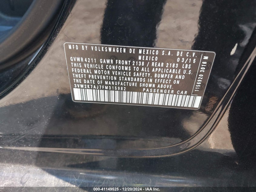 2015 VOLKSWAGEN JETTA VIN: 3VW2K7AJ7FM315982