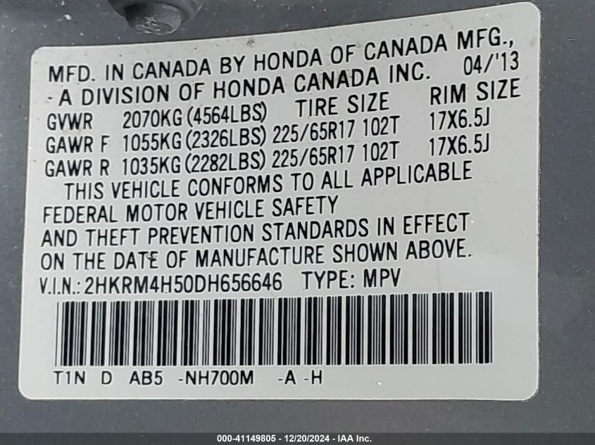 VIN 2HKRM4H50DH656646 2013 Honda CR-V, EX no.9