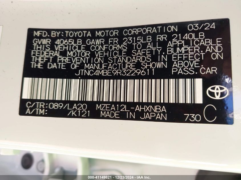 VIN JTNC4MBE9R3229611 2024 TOYOTA COROLLA no.9