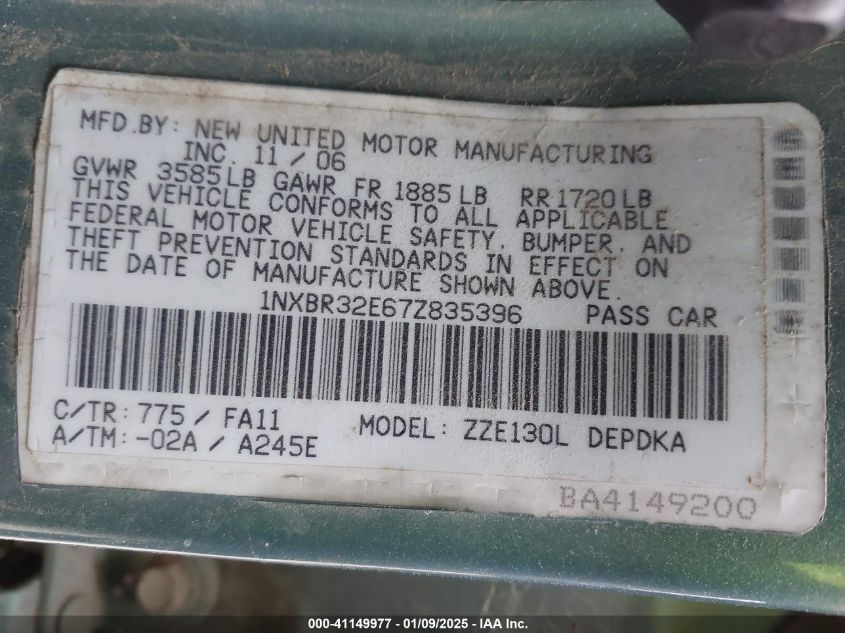 2007 Toyota Corolla Ce VIN: 1NXBR32E67Z835396 Lot: 41149977