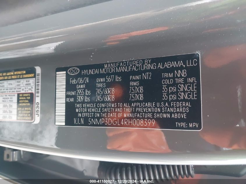 VIN 5NMP3DGL4RH008399 2024 HYUNDAI SANTA FE no.9