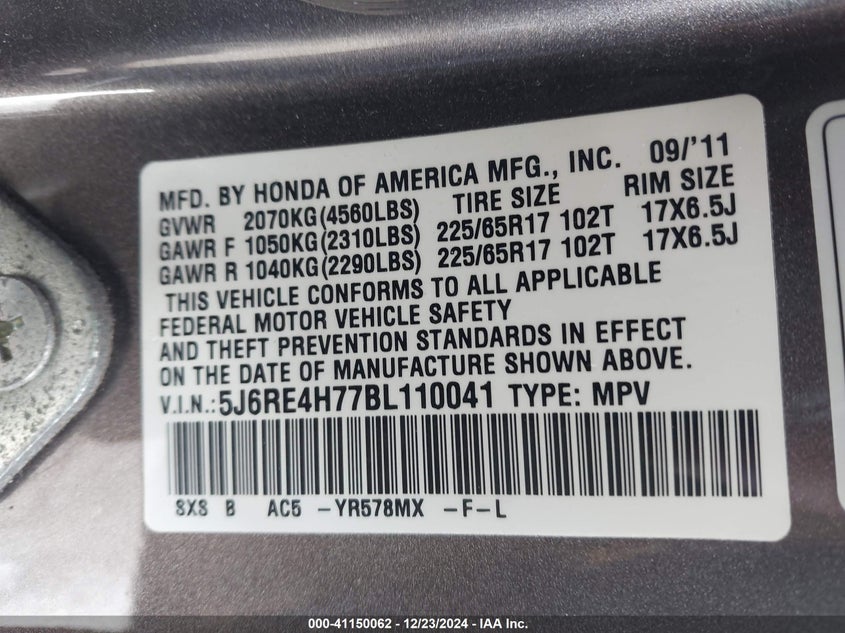 2011 HOND CR-V EX-L 4WD VIN: 5J6RE4H77BL110041