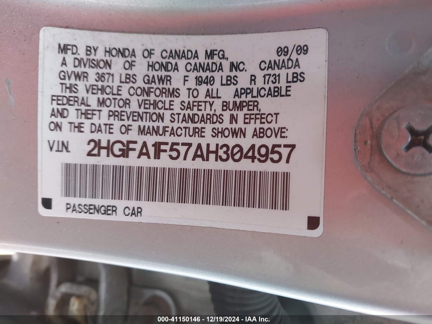 2010 HONDA CIVIC VIN: 2HGFA1F57AH304957