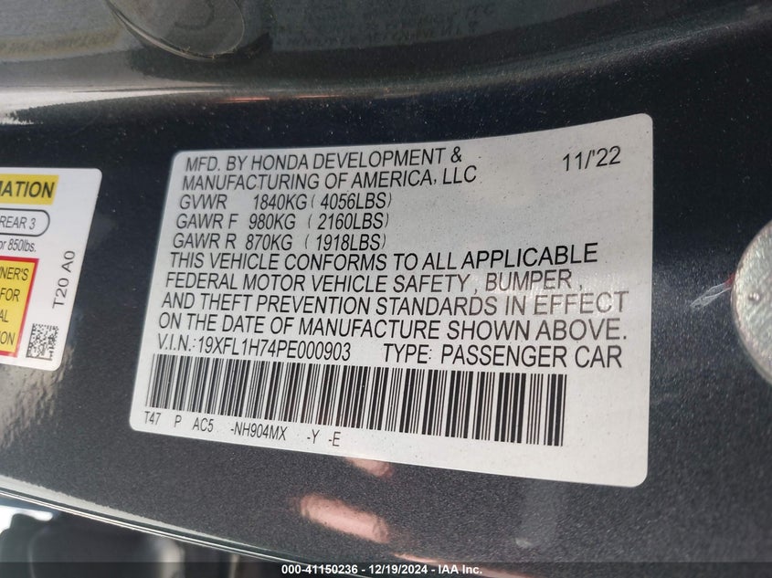 2023 HONDA CIVIC VIN: 19XFL1H74PE000903