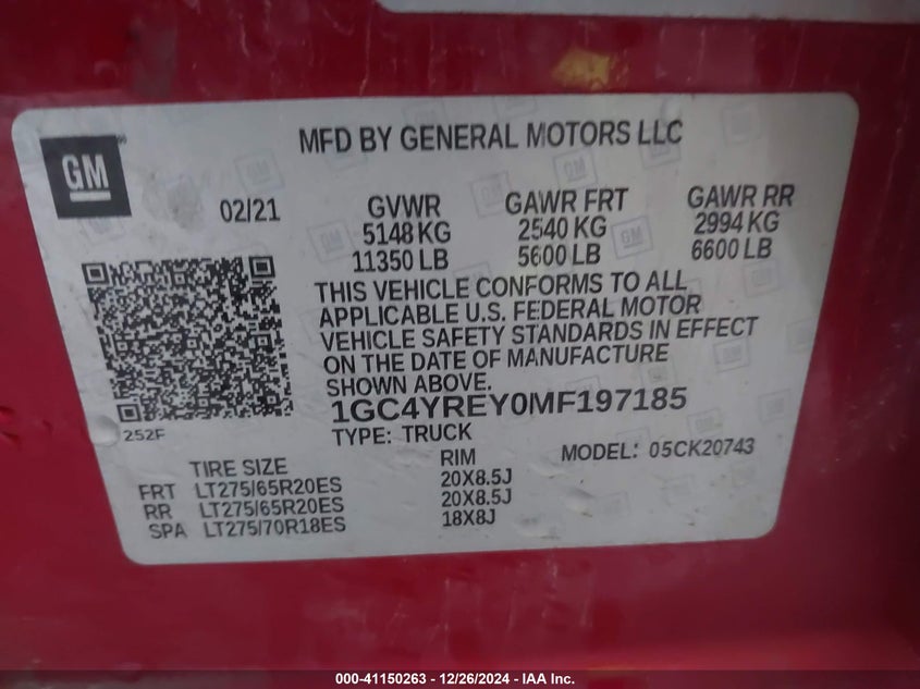 2021 Chevrolet Silverado 2500Hd 4Wd Standard Bed High Country VIN: 1GC4YREY0MF197185 Lot: 41150263