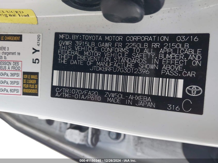 2016 TOYOTA PRIUS TWO - JTDKBRFU7G3012396